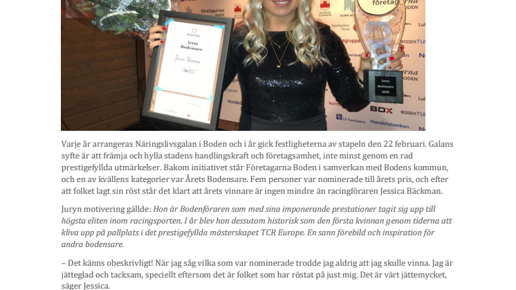 Jessica Bäckman är Årets Bodensare 2020