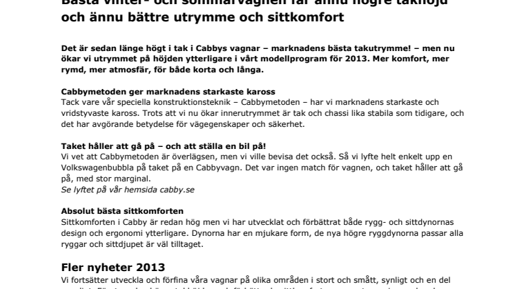 Cabby husvagnar 2013: Bästa vinter- och sommarvagnen får ännu högre takhöjd och ännu bättre utrymme och sittkomfort