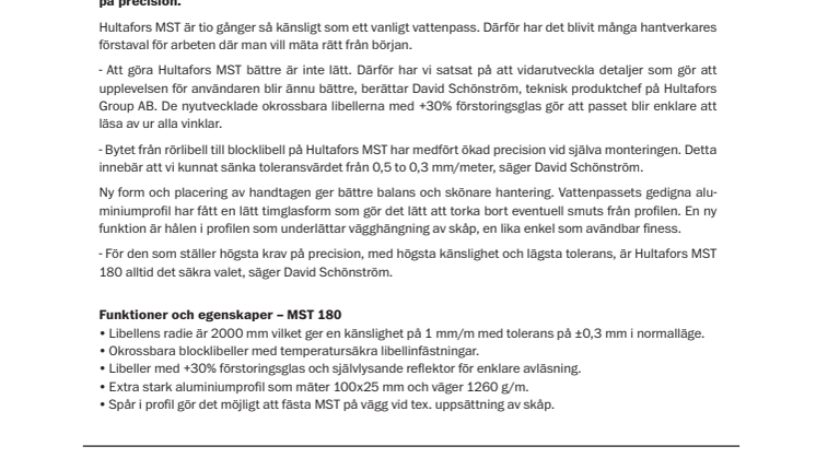 Hultafors förnyar klassiskt vattenpass- MST 180