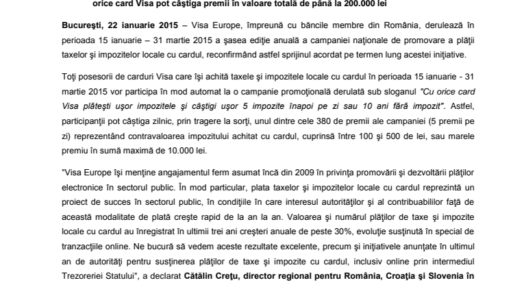 Visa lansează cea de-a şasea ediţie anuală a campaniei naţionale de plată a taxelor şi impozitelor locale cu cardul