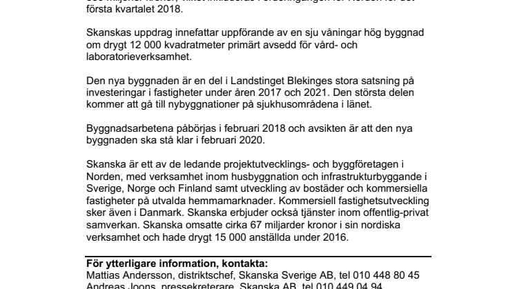 Skanska bygger ny sjukhusbyggnad i Karlskrona för cirka 330 miljoner kronor