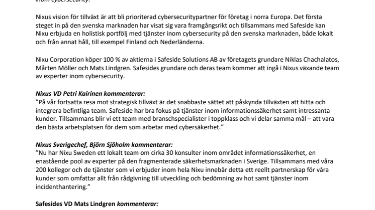 Nixu Corporation fortsätter sitt intåg på den svenska marknaden för cybersecurity och går samman med Safeside Solutions AB
