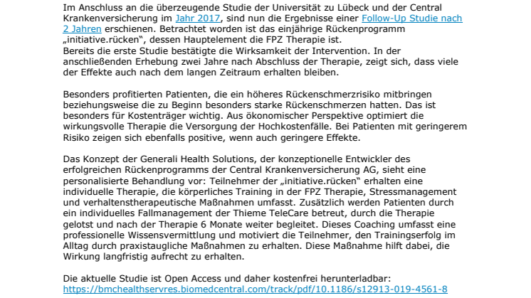 Follow-Up Studie der Uni Lübeck und Central Krankenversicherung zur Wirksamkeit der FPZ Therapie