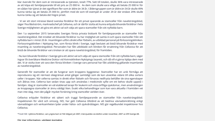 Stort intresse för privat sparande av stamceller från navelsträngsblod bland svenska föräldrar. 