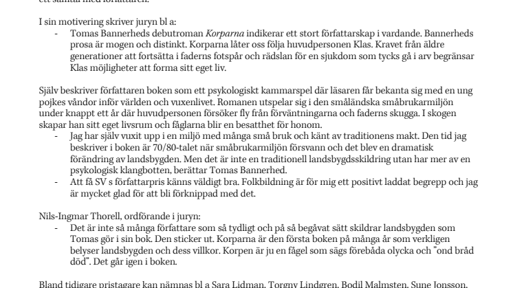 Tomas Bannerhed får Vuxenskolans författarpris
