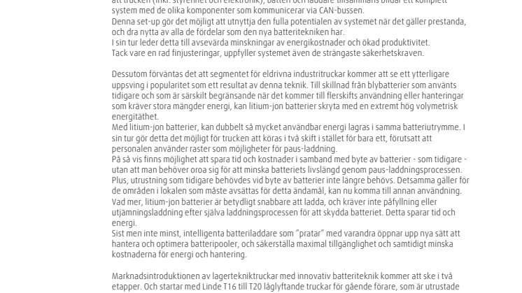 Linde Material Handling utvecklar truckar utrustade med litium-jon batterier
