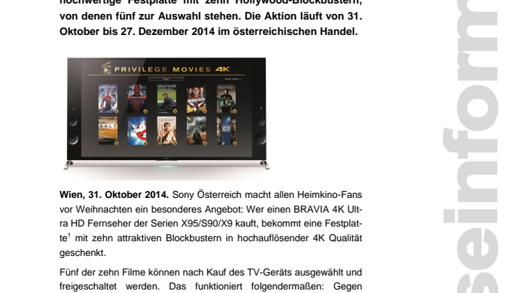 Pressemitteilung "Blockbuster in bester 4K Qualität - für Premium Fernseher von Sony"