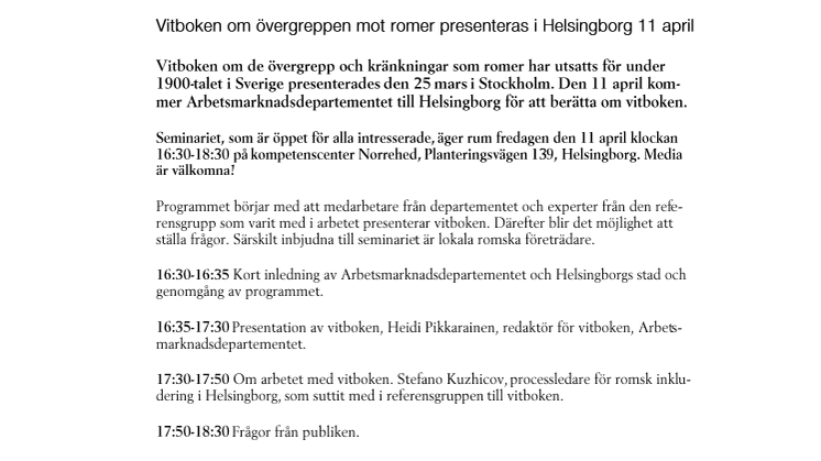 Vitboken om övergreppen mot romer presenteras i Helsingborg 11 april