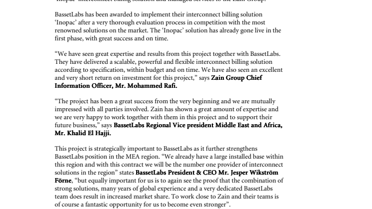 BassetLabs to supply Zain with Interconnect Billing Solution