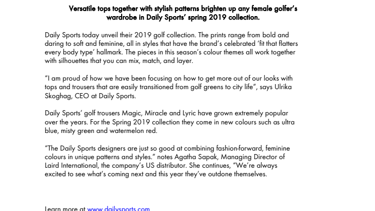 DAILY SPORTS UNVEILS THIS SPRING’S COLOURFUL AND VERSATILE GOLF COLLECTION