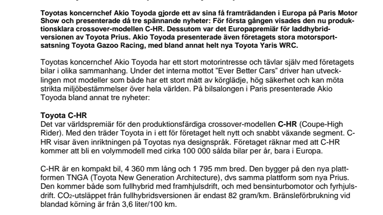 Akio Toyoda visar tre spännande nyheter på Paris Motor Show