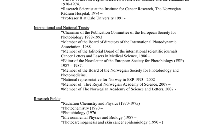 Professor Johan Moan, CV