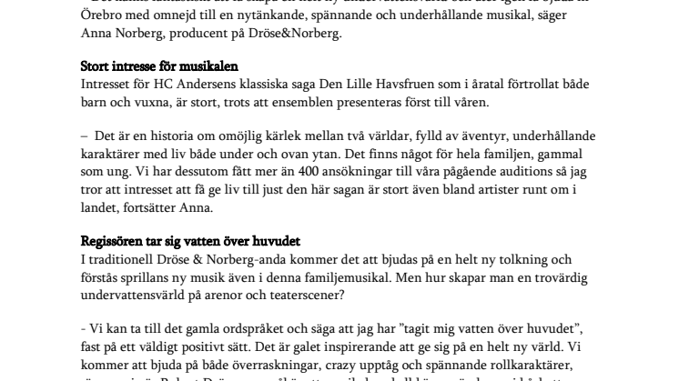 ​Efter succén Robin Hood the Musical: Den Lilla Sjöjungfrun kommer till Örebro