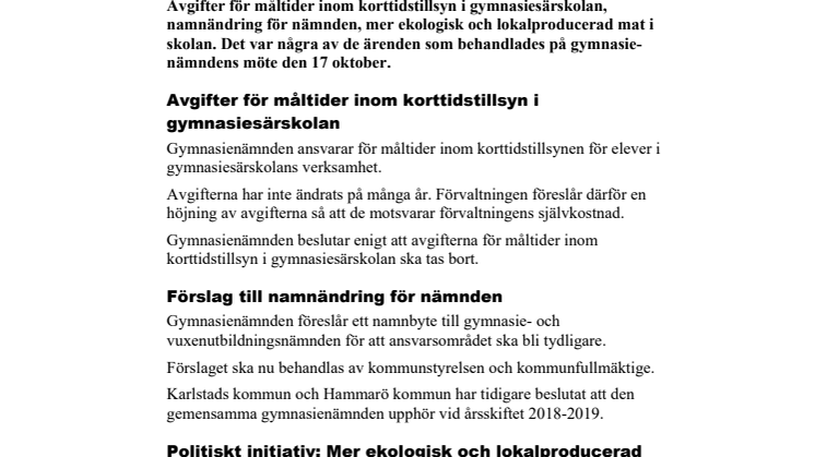 Gymnasienämnden i korthet 17 oktober