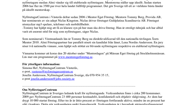 NyföretagarCentrum utser Årets Mentor i Västmanlands län!