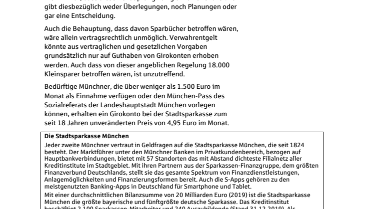 Gegendarstellung zum BILD-Bericht vom 29.09.2020: Bei der Stadtsparkasse gibt es keinerlei Planungen, bei Privatkunden ab Januar 2021 Verwahrentgelt auf Guthaben von Girokonten zu berechnen.