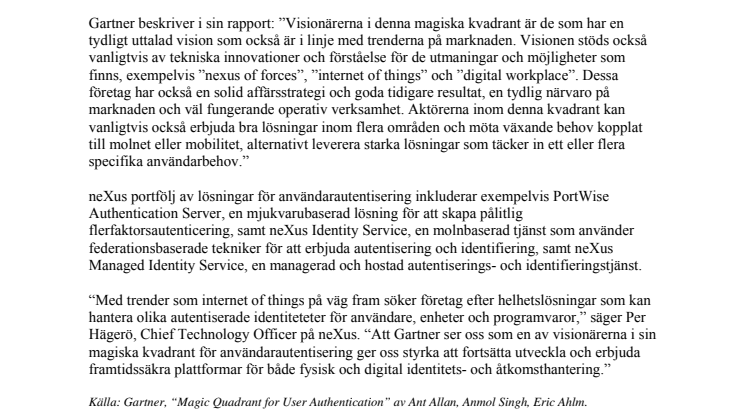 Gartner lyfter fram neXus inom användarautentisering