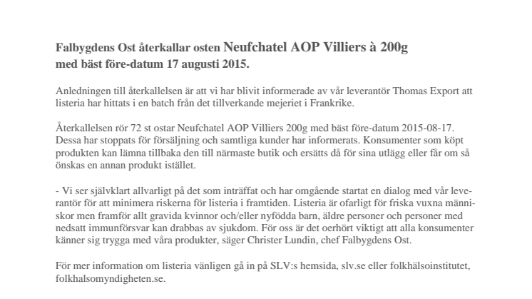 Falbygdens Ost återkallar osten Neufchatel AOP Villiers