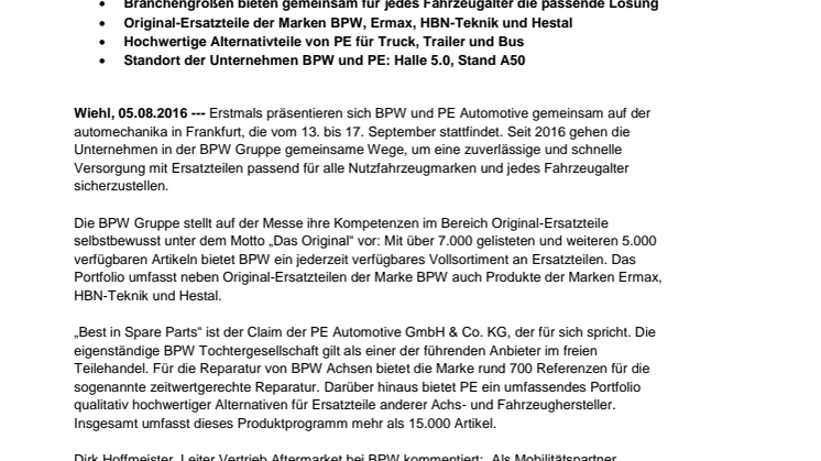 automechanika 2016: Umfassendes Ersatzteilangebot von BPW und PE für optimale Mobilität 