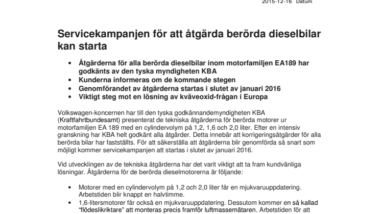 Servicekampanjen för att åtgärda berörda dieselbilar kan starta