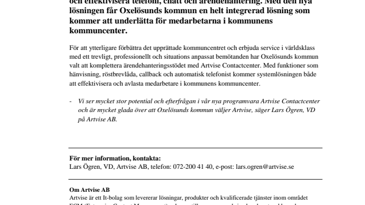 Artvise Contactcenter till Oxelösunds kommun!