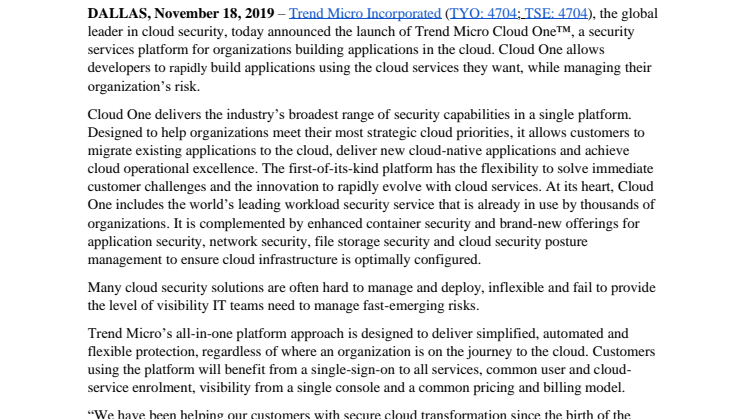 Trend Micro lanserar Cloud One - den största säkerhetsplattformen för företag som bygger molnappplikationer