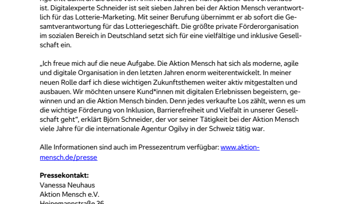 Aktion Mensch: Björn Schneider wird weiterer Vorstand 