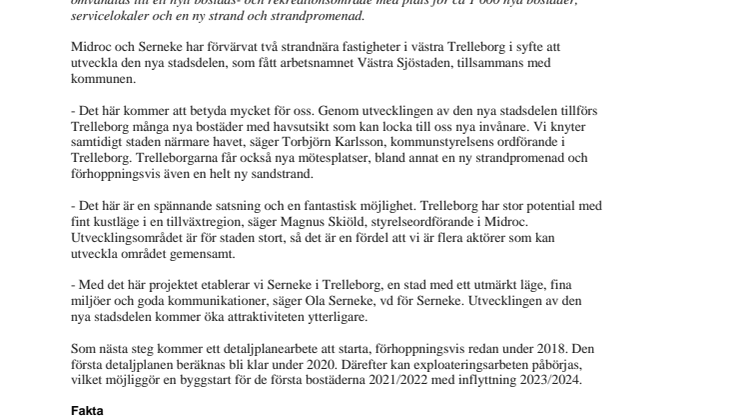 Midroc och Serneke utvecklar ny stadsdel tillsammans med Trelleborgs kommun