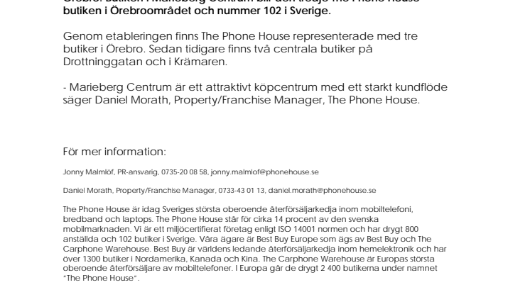The Phone House öppnar ny butik i Marieberg Centrum
