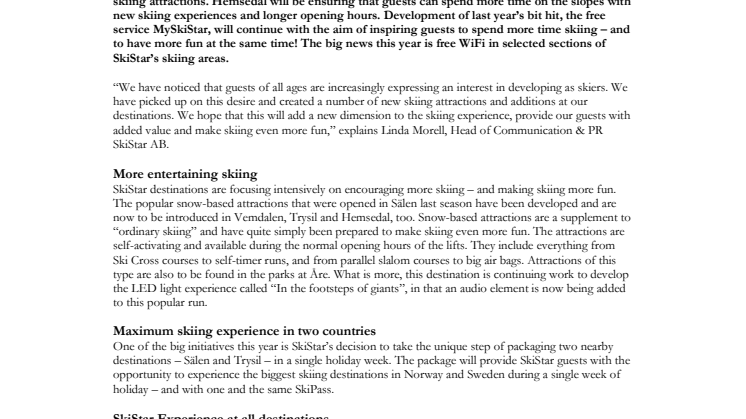 SkiStar AB: Winter news - even more fun in your skiing holiday