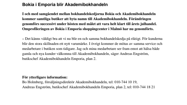 Bokia i Emporia blir Akademibokhandeln 