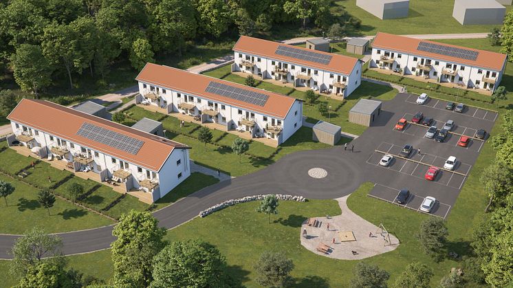 Översiktsillustration av det nya kvarteret BoKlok Sierslunden i Varberg. På taket syns de solceller som kommer att skapa el till de boende. 