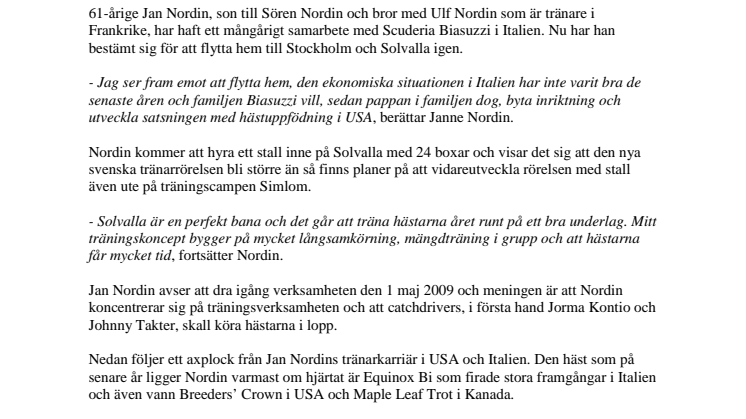 Jan Nordin blir ny tränare på Solvalla
