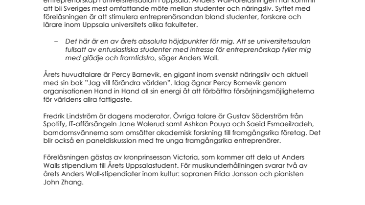 Kronprinsessan Victoria och Percy Barnevik gästar årets Anders Wall-föreläsning