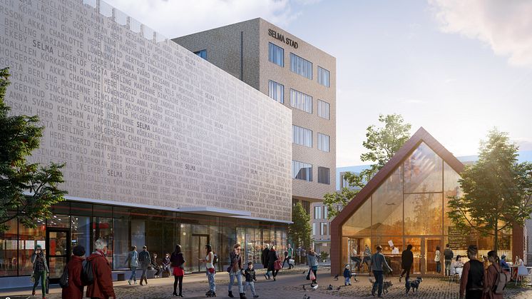 Den 29 augusti inleds den tre dagar långa invigningsfesten av nya Selma Lagerlöfs Torg. Vy över handelshuset samt Fiskhuset. Bild: Semrén+Månsson Arkitekter.
