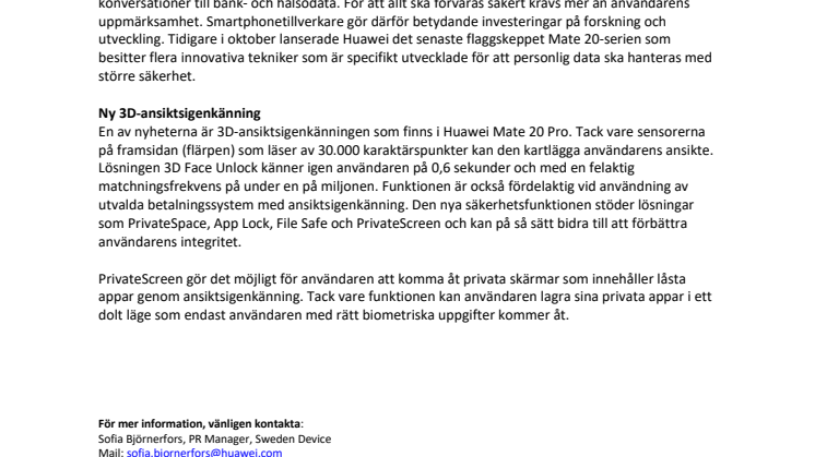 Integrerad fingeravtryckssensor och 3D-ansiktsigenkänning: Nya säkerhetsfunktioner i Huawei Mate 20 Pro