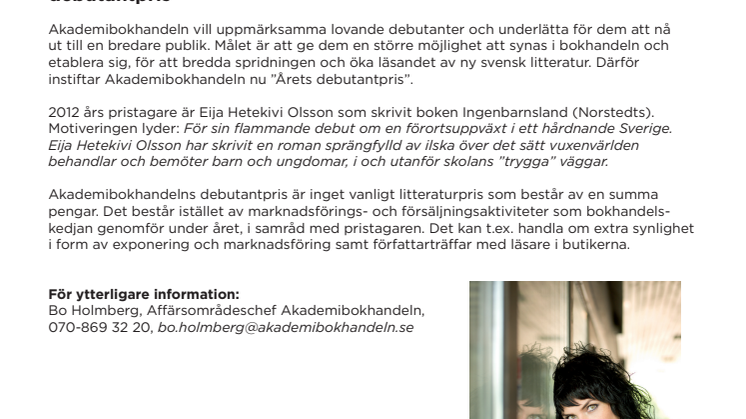 Eija Hetekivi Olsson får Akademibokhandelns nyinstiftade debutantpris