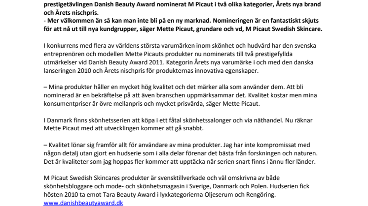 M Picaut nominerad i två kategorier i Danish Beauty Awards 2011