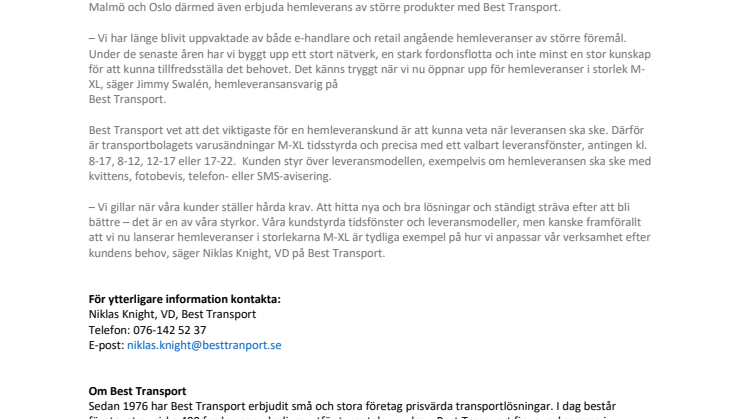 Best Transport utökar sitt hemleveranserbjudande med paket i storlekarna M-XL