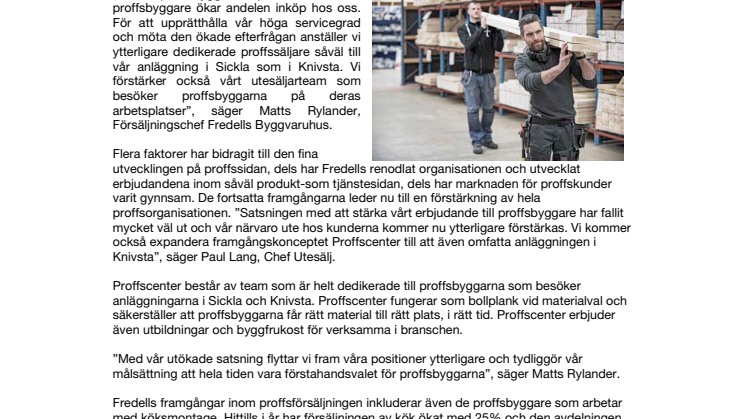 Fortsatta framgångar inom proffsförsäljningen för Fredells Byggvaruhus 