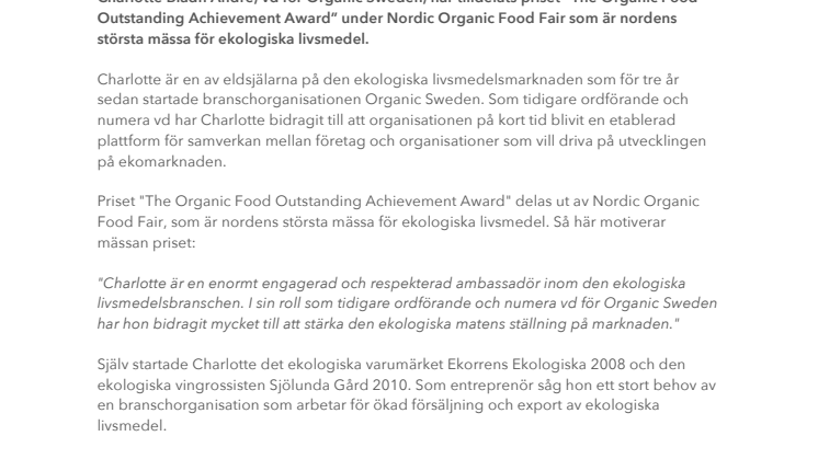 Organic Swedens VD får priset  ”The Organic Food Outstanding Achievement Award”