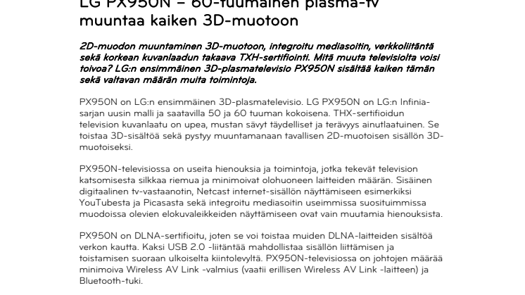 LG PX950N – 60-tuumainen plasma-tv muuntaa kaiken 3D-muotoon 