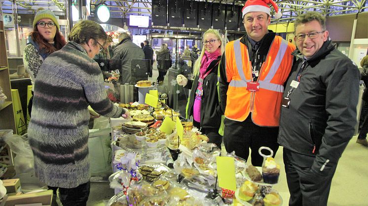 Baked in Bedford: charity cake sellers l to r Faye Gilmore (Bedford station team leader), Faye's mum Dianne, Rebecca Baldwin (Revenue Control Officer), Joe Healy (Station Manager), and Steve White (Chief Operating Officer, GTR)