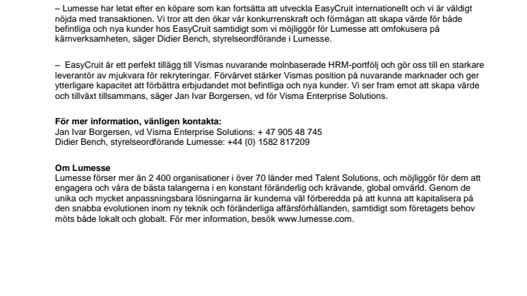 Visma förvärvar EasyCruit från Lumesse och stärker positionen inom molnbaserade rekryteringslösningar