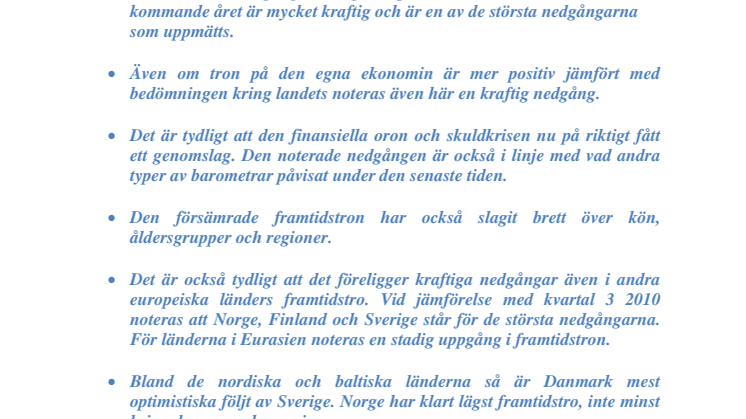 -	Svenskt Kvalitetsindex 2011 Kvartal 3 – Synen på Ekonomin