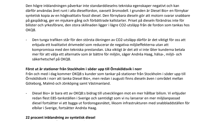 Goda nyheter för miljön och bilen med Diesel Bio+: OKQ8 ökar andelen förnybart i sin diesel för ett lägre CO2-utsläpp 