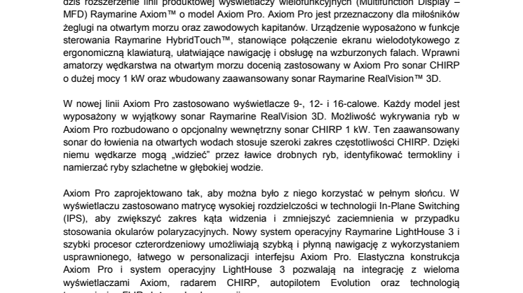 Raymarine: FLIR Systems ogłasza wprowadzenie zaawansowanych wyświetlaczy wielofunkcyjnych Raymarine Axiom Pro 