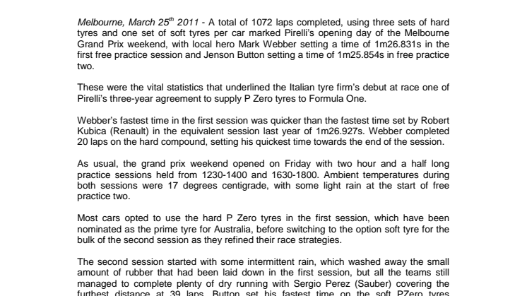 Pirelli i Formel 1, pressrelease efter friträning Australiens GP 2011