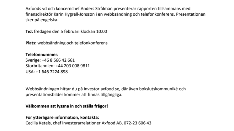 Inbjudan till webbsänd presentation av Axfoods bokslutskommuniké 2015