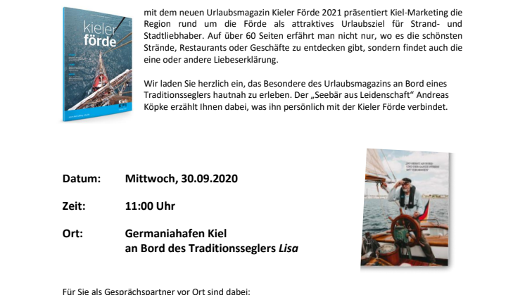 EINLADUNG zum Presse- und Fototermin | Vorstellung des Urlaubsmagazins Kieler Förde 2021 